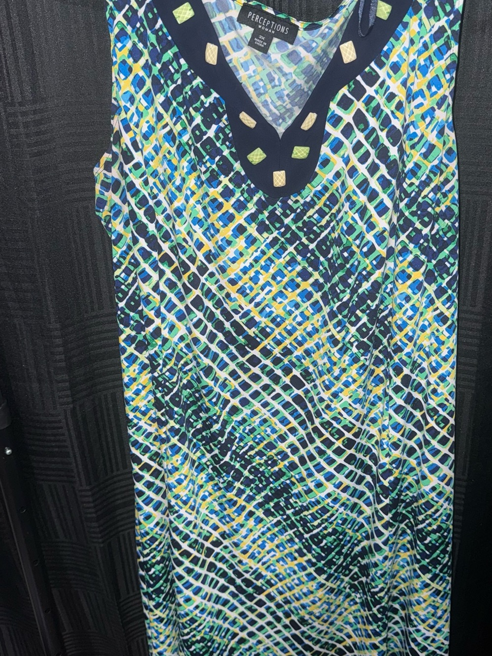 Perceptions Multicolor Geometric Print Dress with Teal Trim